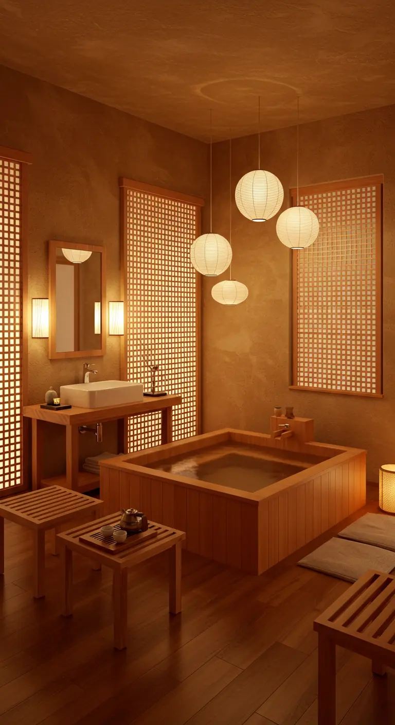 Badkamer met houten bad, shoji-schermen en meerdere hangende papieren lantaarns.