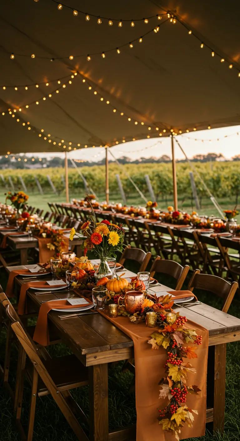 Herfstbruiloft in een tent met oranje tafellopers, pompoenen en warme bloemen.