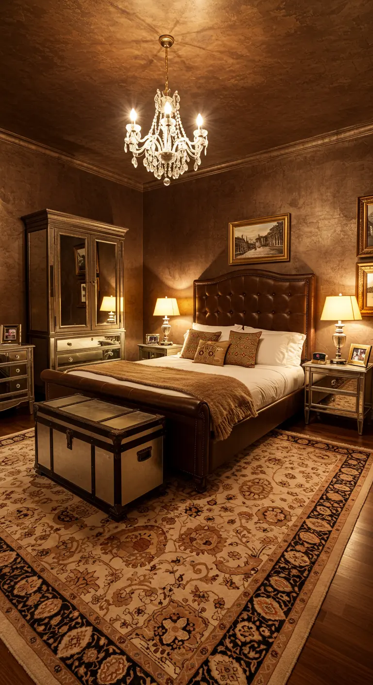 Warme slaapkamer in brons/taupe met leren bed, spiegelmeubels en klassieke kristallen kroonluchter.
