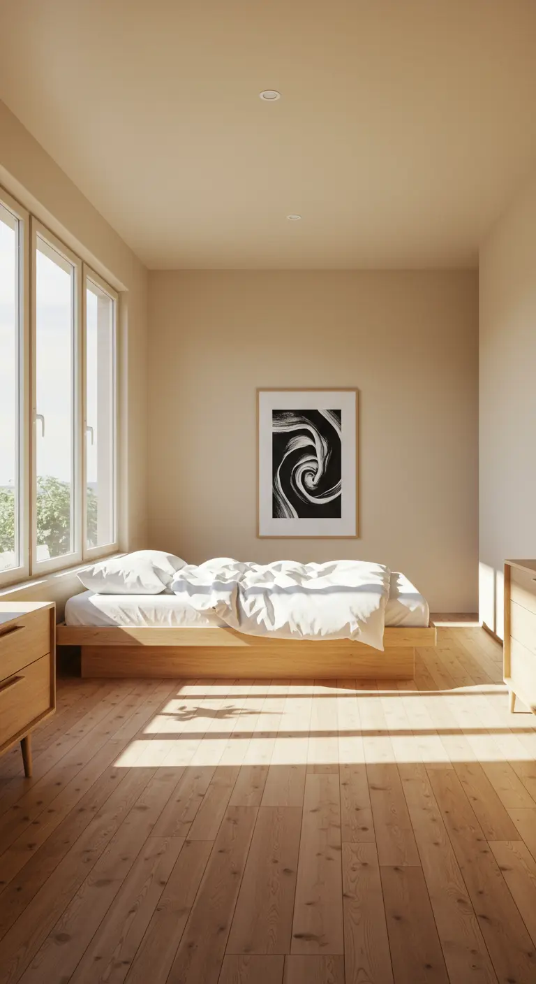 Slaapkamer met beige muren, houten bed, wit beddengoed en abstract kunstwerk.