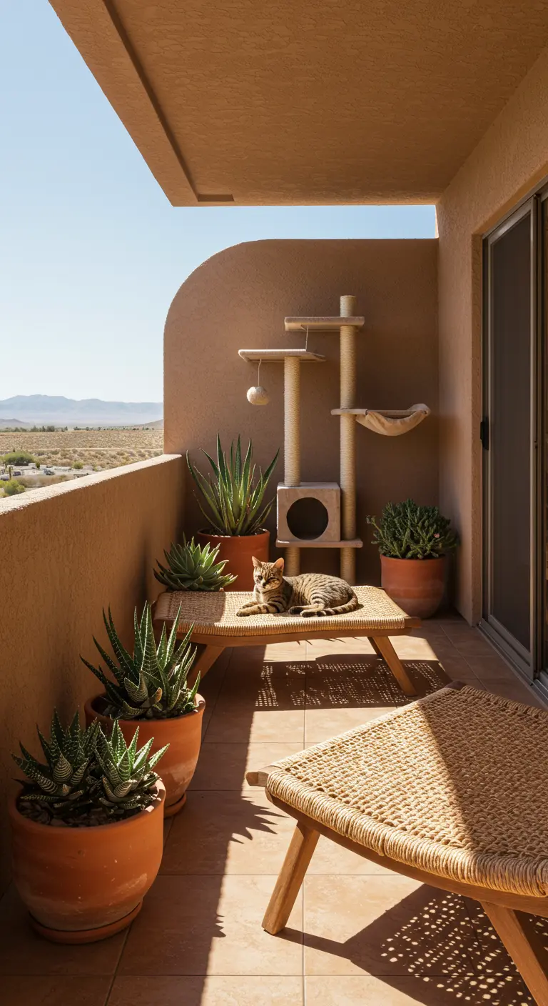 Kat op een houten bankje op een balkon met terracotta potten en woestijnplanten.