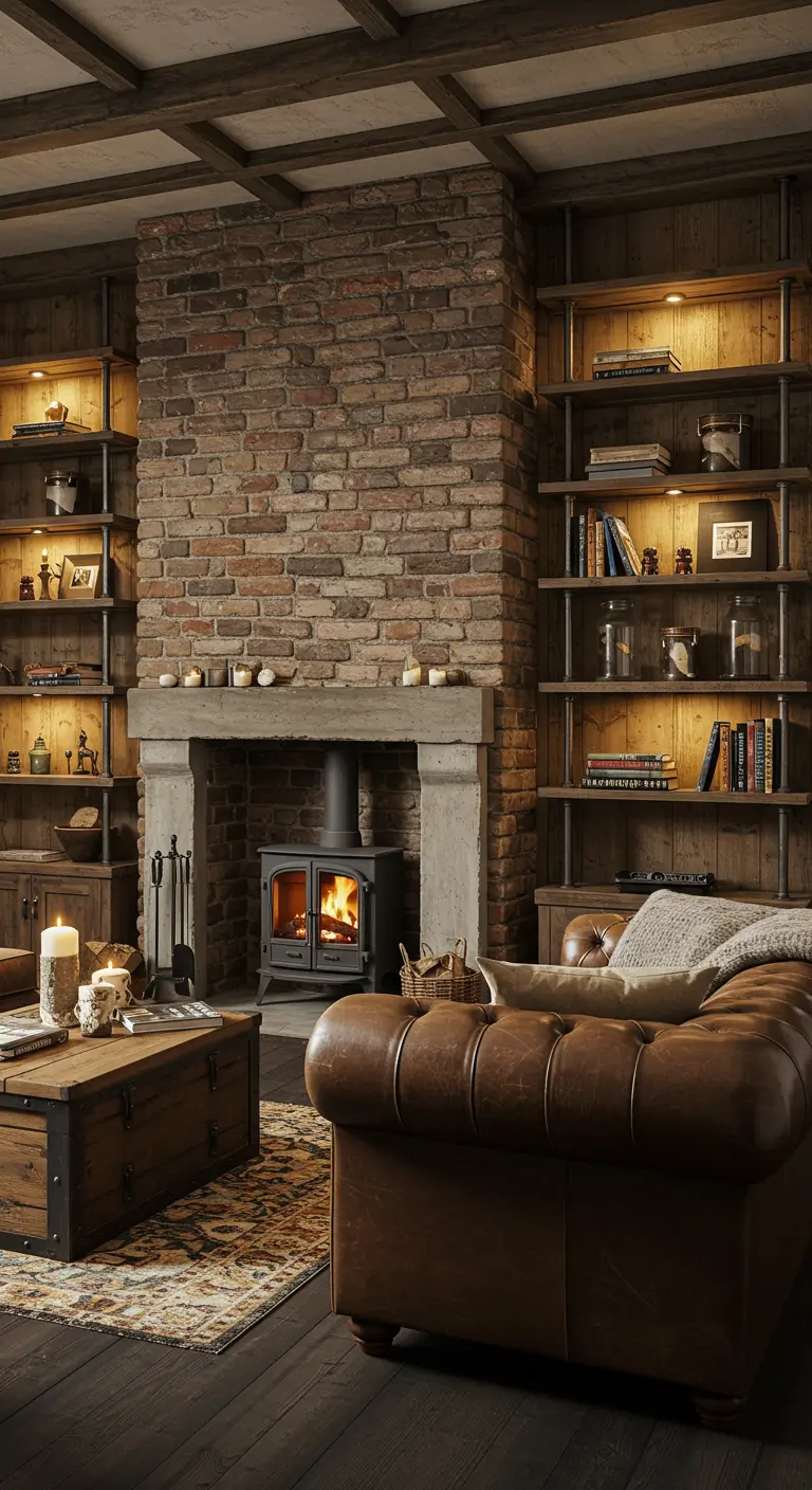 Gezellige industriële woonkamer met bakstenen schouw, houtkachel en leren Chesterfield bank.