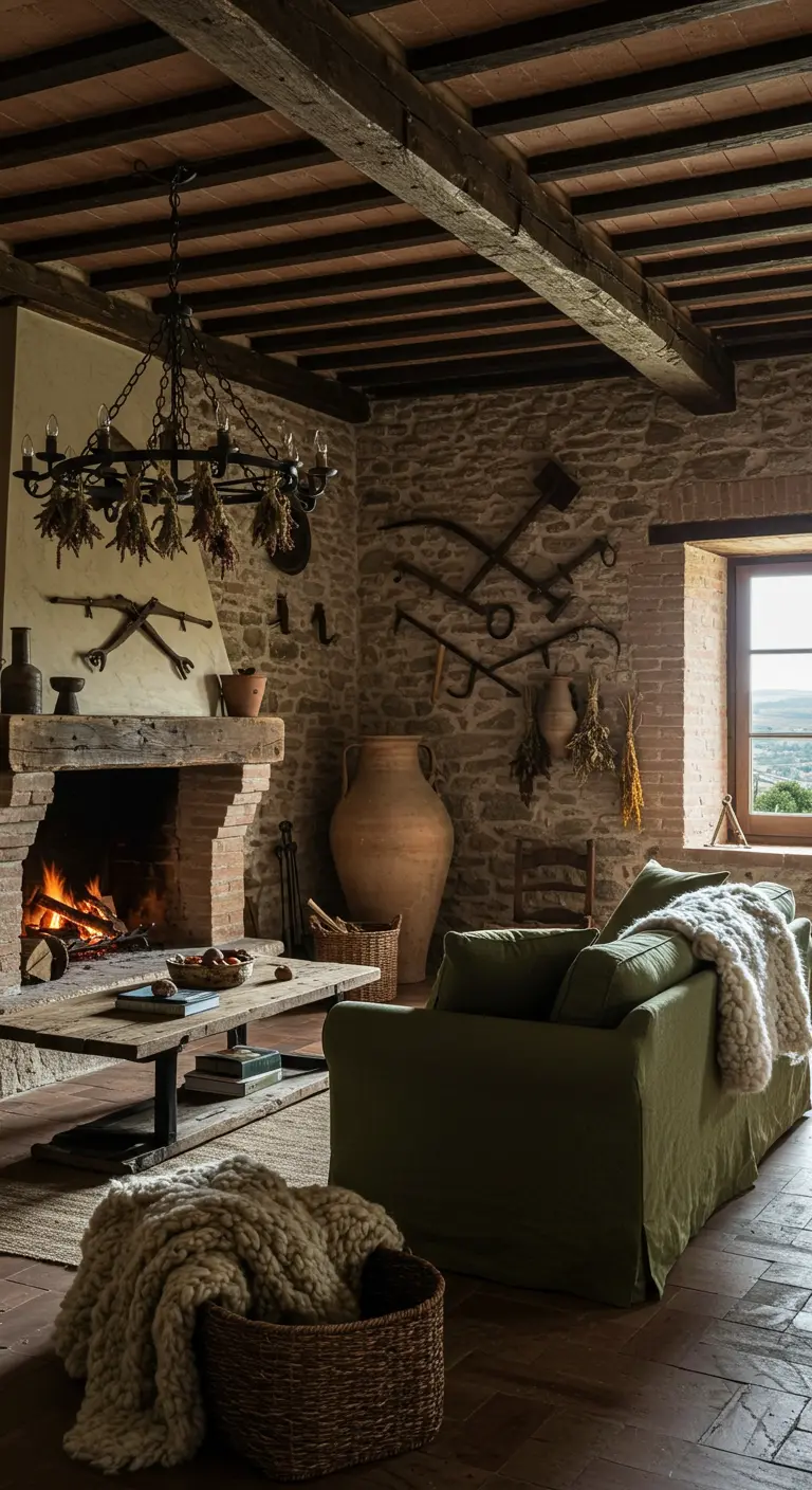 Rustieke woonkamer met stenen haard, groene bank, houten balken en grove plaids.