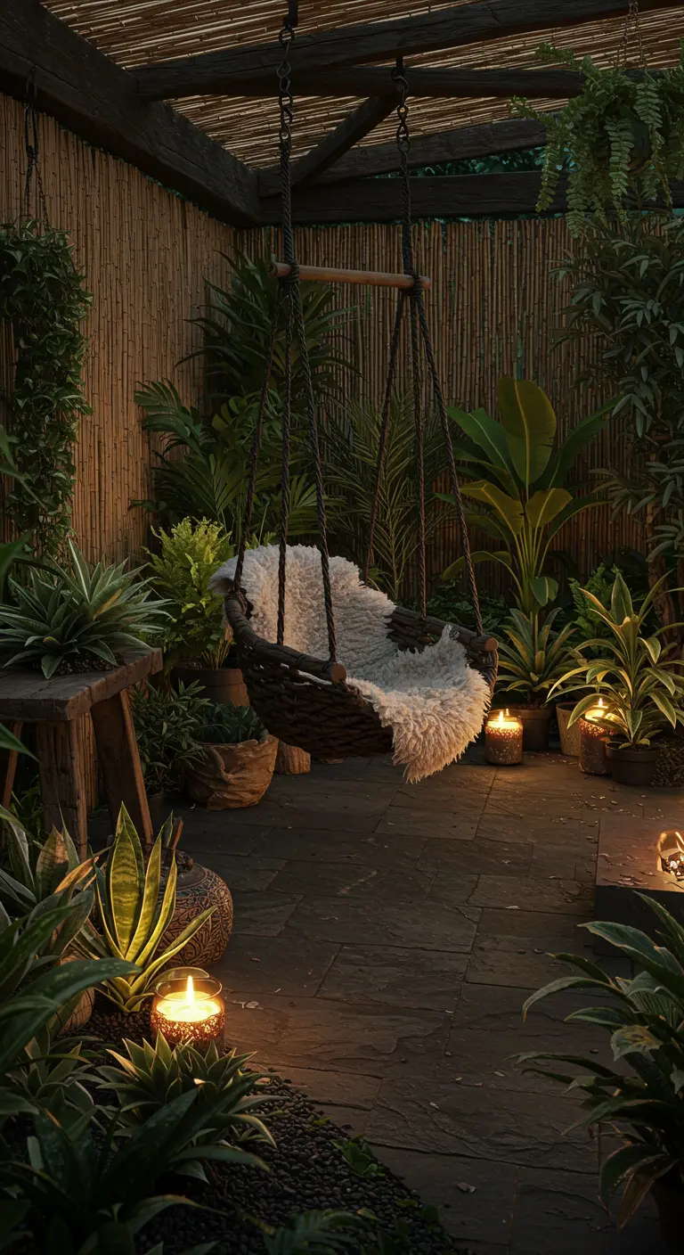 Donkere hangstoel met een wit schapenvachtje erin, omringd door planten en kaarslicht in een avondlijke tuin.