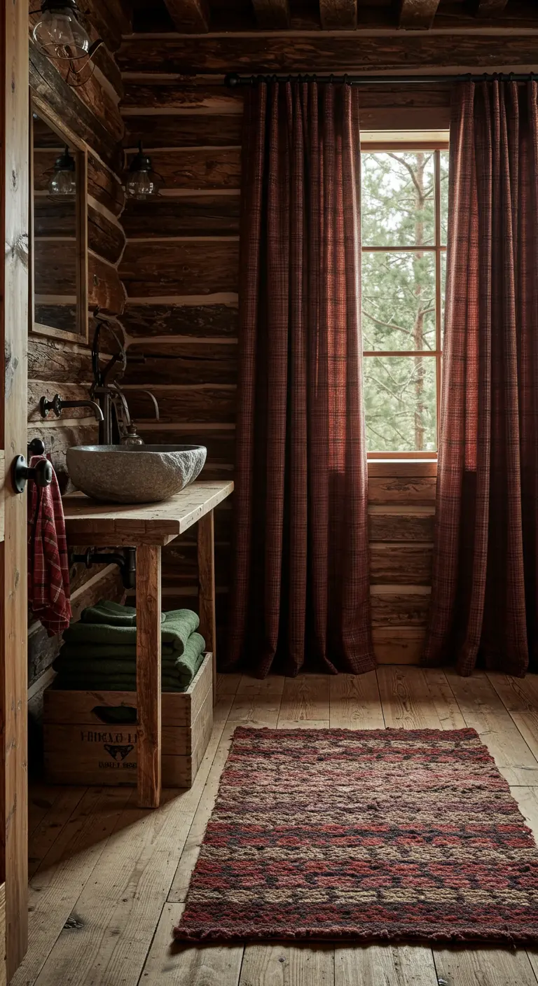 Houten blokhut-badkamer met geruite gordijnen, een stenen wasbak en een kleurrijk geweven kleed.