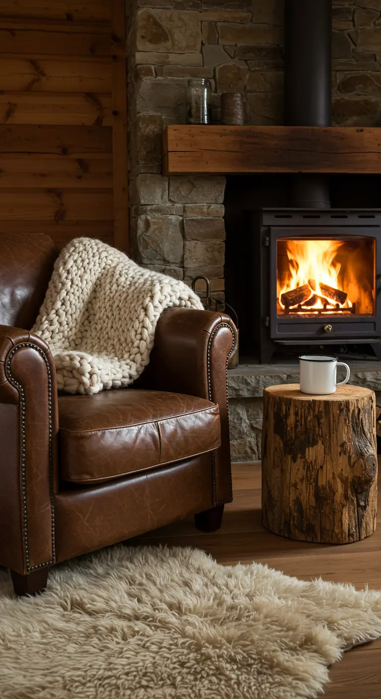 Leren fauteuil met een dik deken bij een brandende haard, met een boomstronk als bijzettafel.