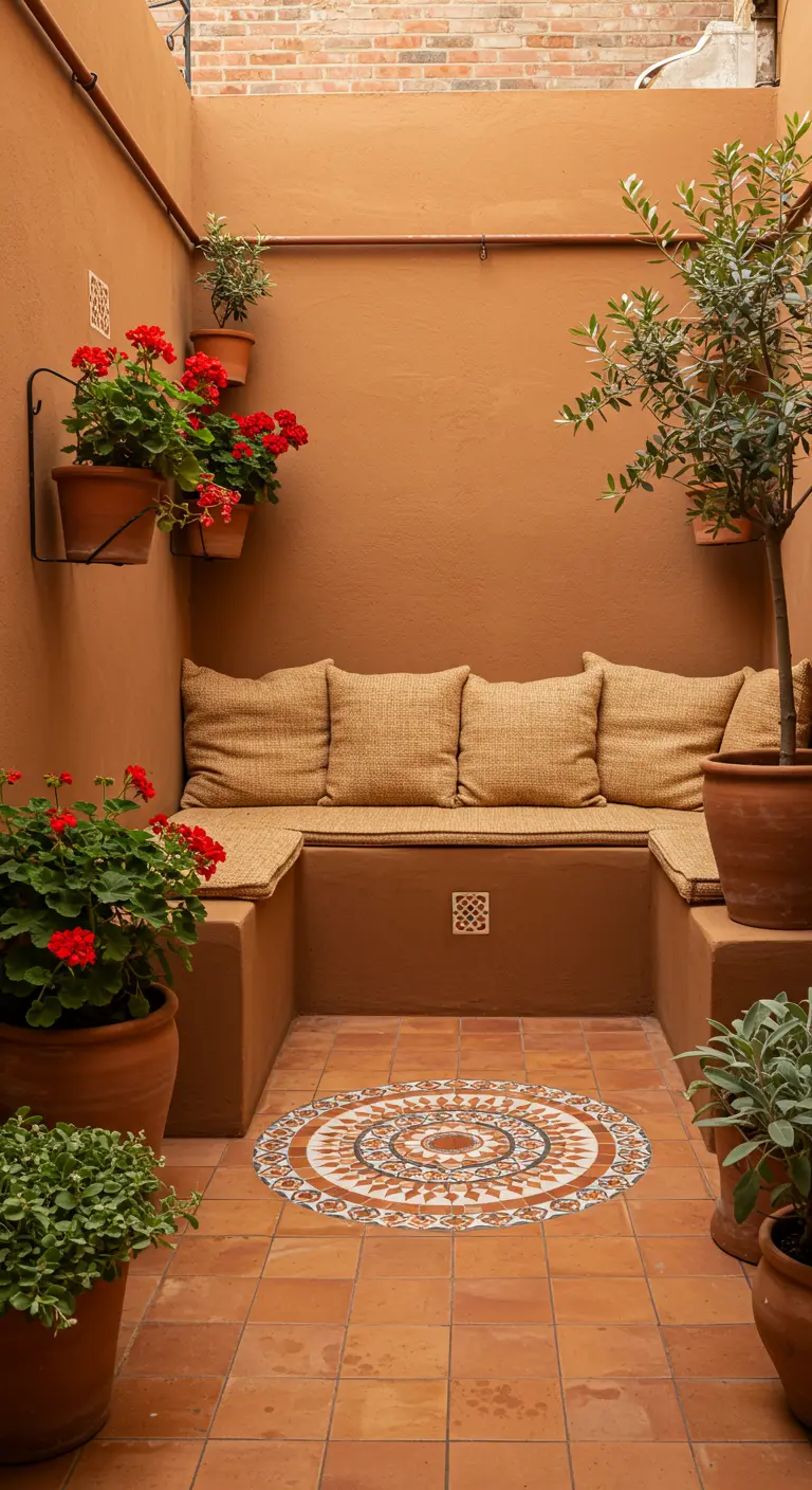 Binnenplaats met terracottakleurige muren, een ingebouwde bank en rode geraniums in potten.