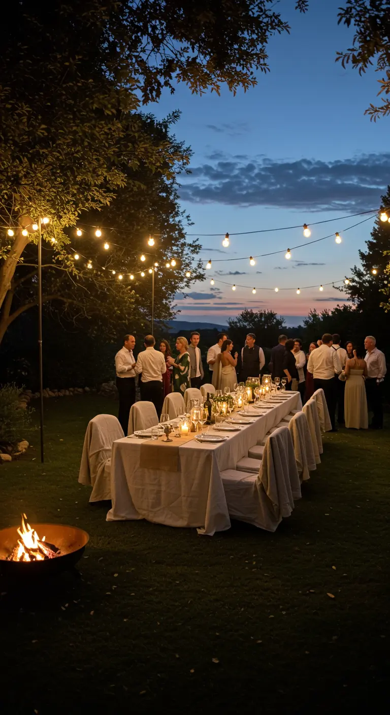 Tuinfeest in de avond met een lange tafel, sfeerverlichting en een brandende vuurkorf.
