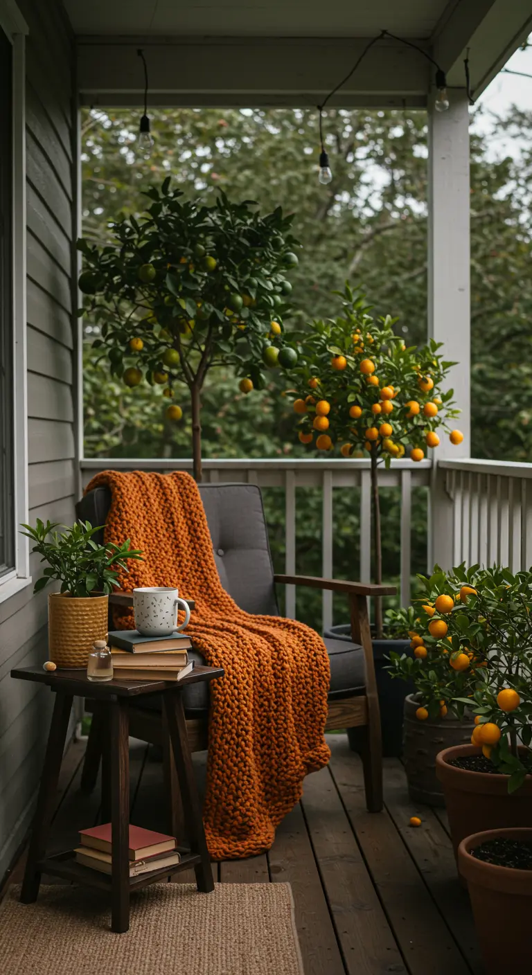 Knus balkon met een grijze stoel, oranje gebreide deken en citrusplanten.