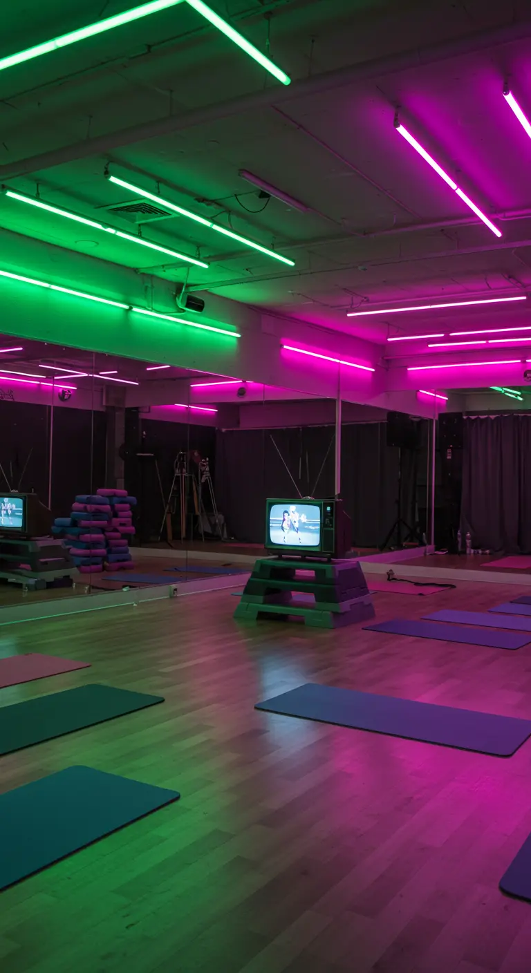 Fitnessruimte verlicht met groene en roze TL-buizen aan het plafond.