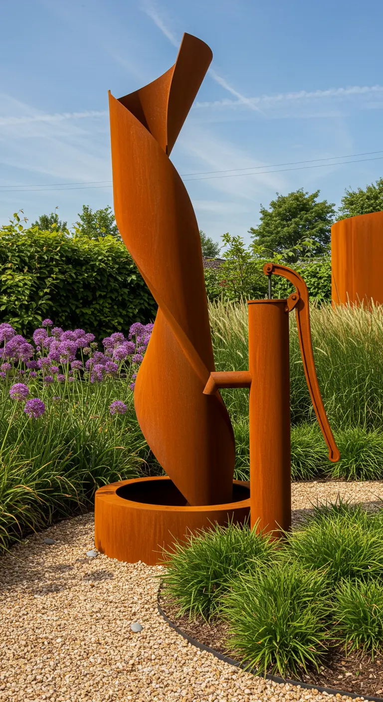 Abstract sculptuur van cortenstaal met een ingebouwde waterpomp in een moderne tuin.