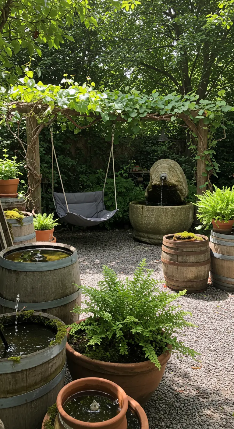 Hangstoel onder pergola met wijnvaten als waterpartijen en groene planten.