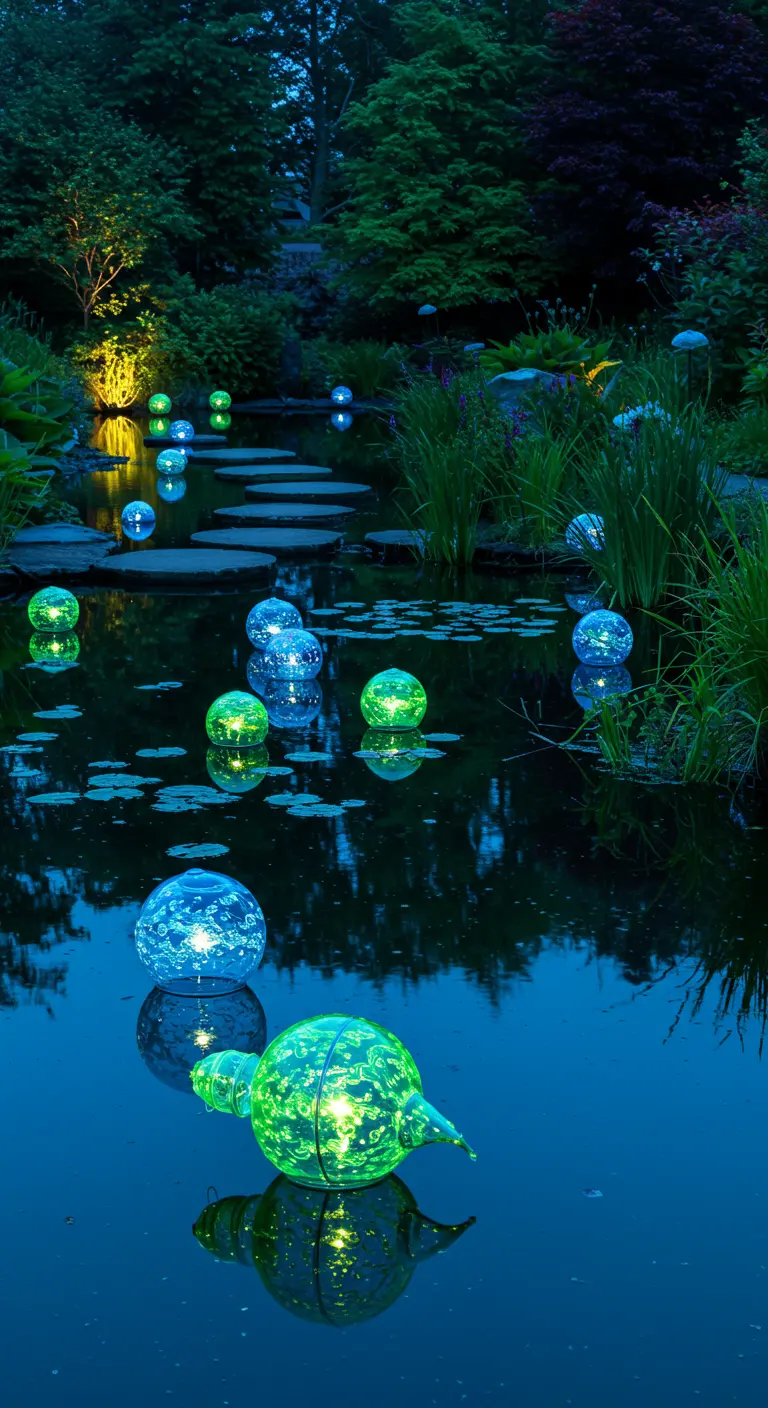 Vijver omringd door groen, met drijvende, verlichte glazen bollen in blauwe en groene tinten die reflecteren op het water.