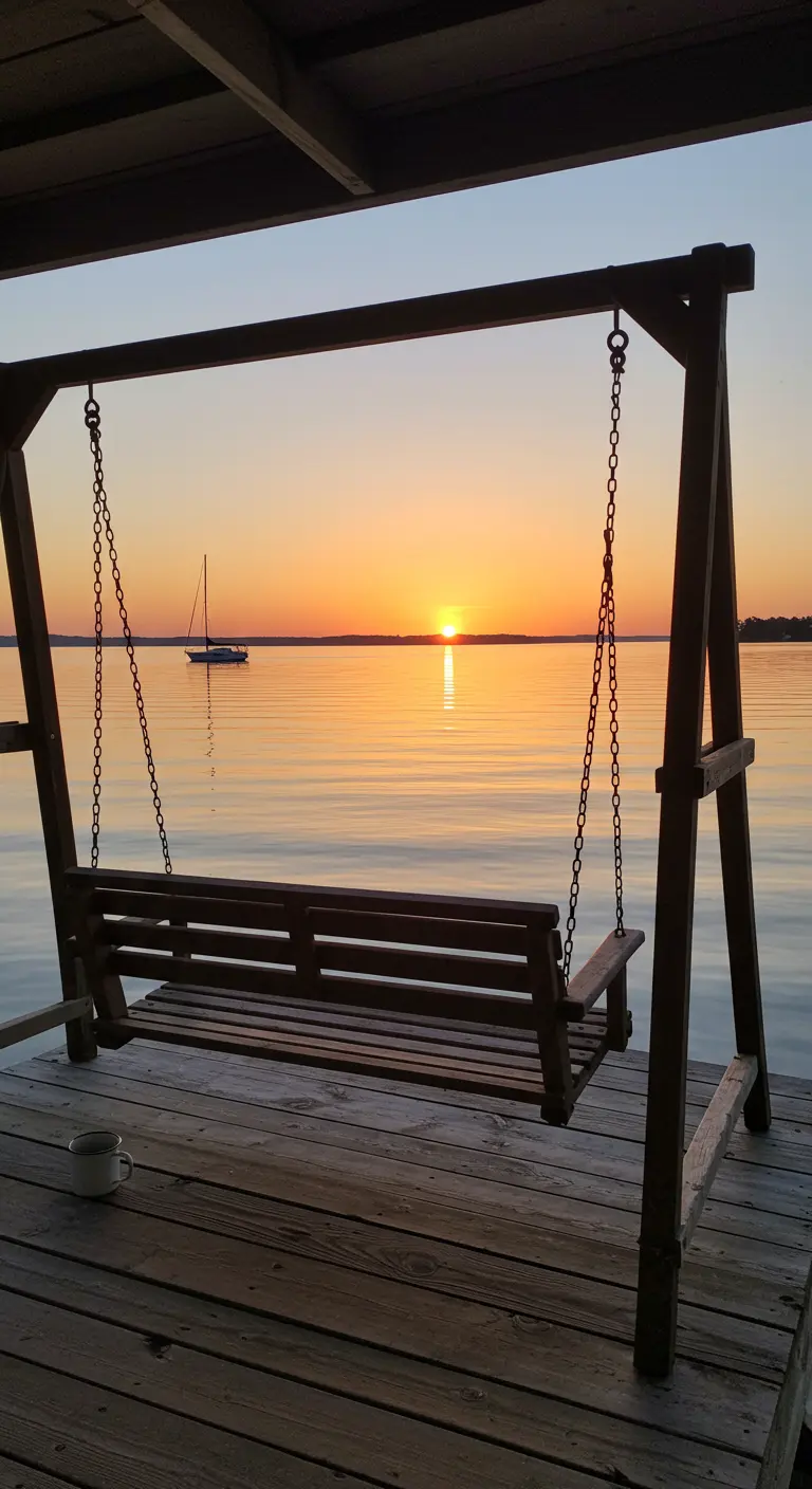 Houten schommelbank op pier met uitzicht op meer en zonsondergang met zeilboot.
