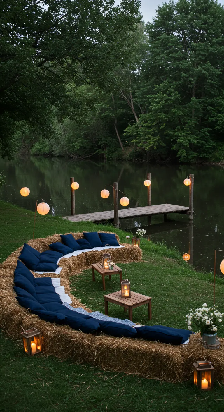 Loungebank van hooibalen met blauwe kussens aan het water.