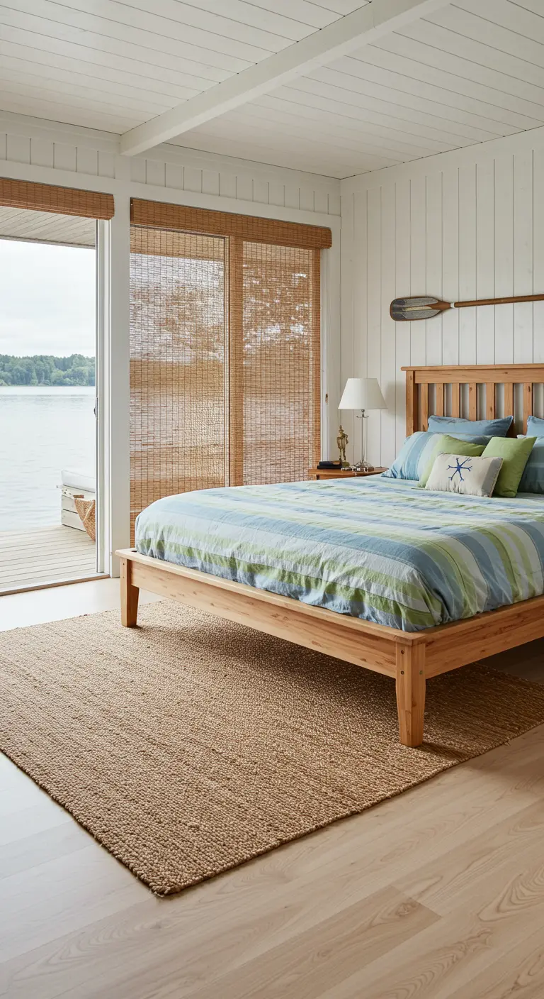 Slaapkamer aan het water met lichte houten bed en muren, bamboe rolgordijnen, en een roeispaan als wanddecoratie.