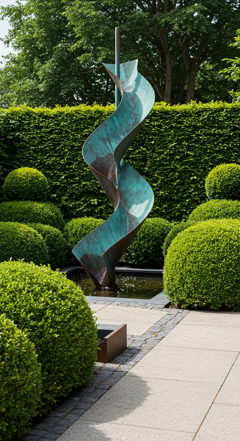 Modern bronzen kunstwerk in een formele tuin fungeert als waterafvoer.