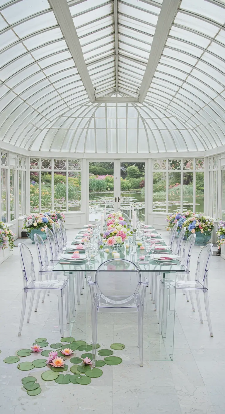 Lichte serre met glazen eettafel, transparante stoelen en pastelkleurige bloemen.
