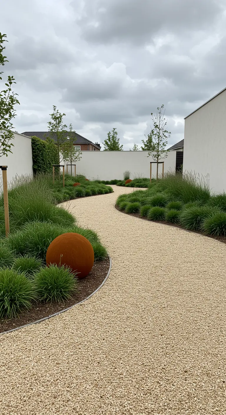 Moderne tuin met zwart grind, lichtgrijze tegels, hoge waterval en bamboe.