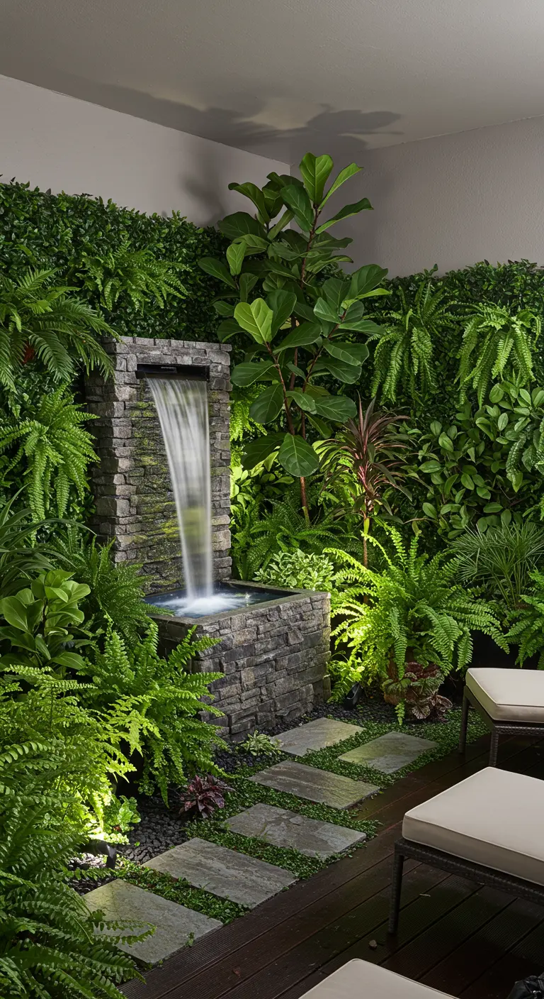 Buitenruimte met een stenen waterval omringd door dichte groene planten en looptegels op grind.