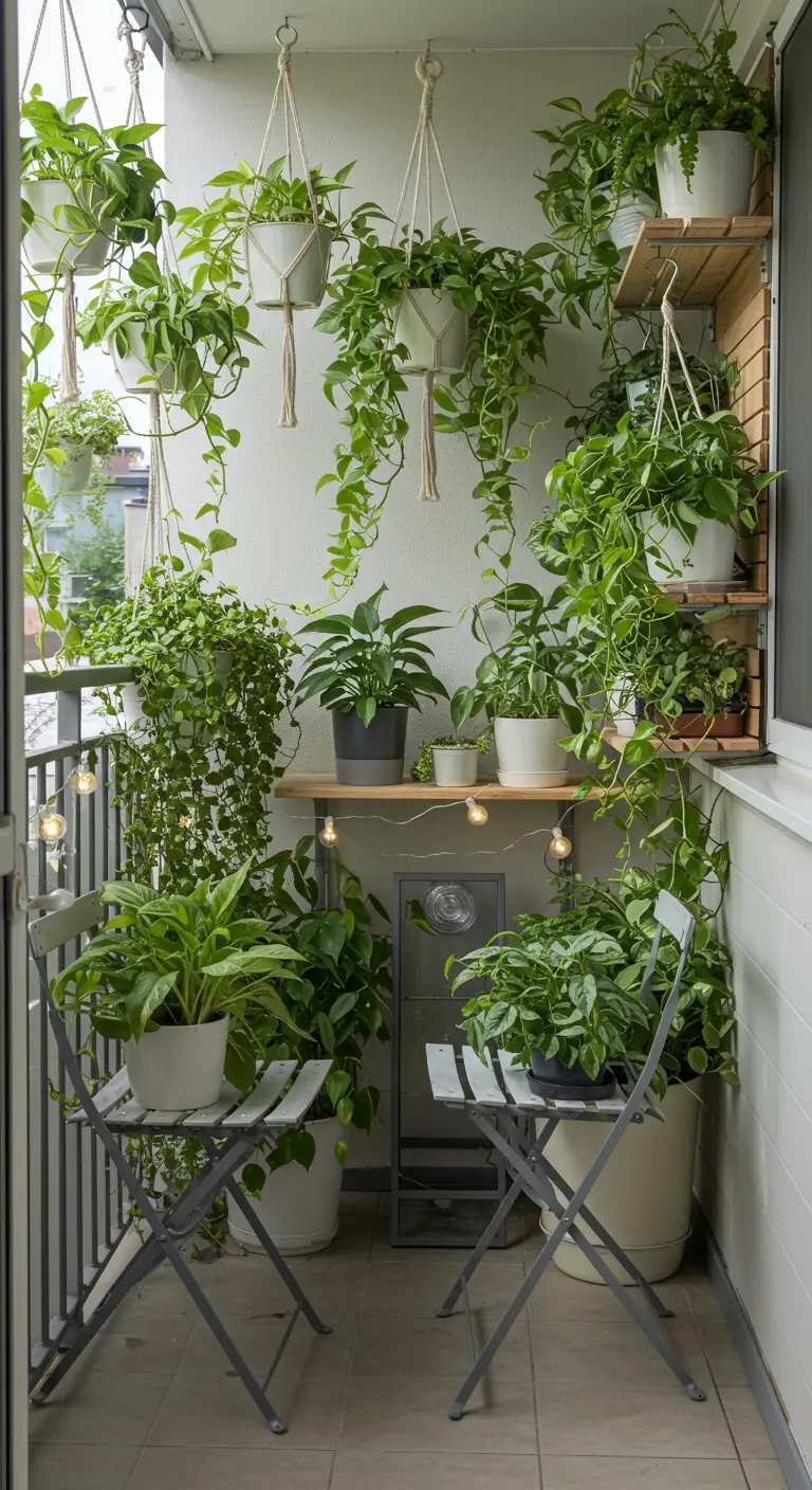 Klein balkon met een overvloed aan hangplanten en klimmers, gecombineerd met een bistroset.