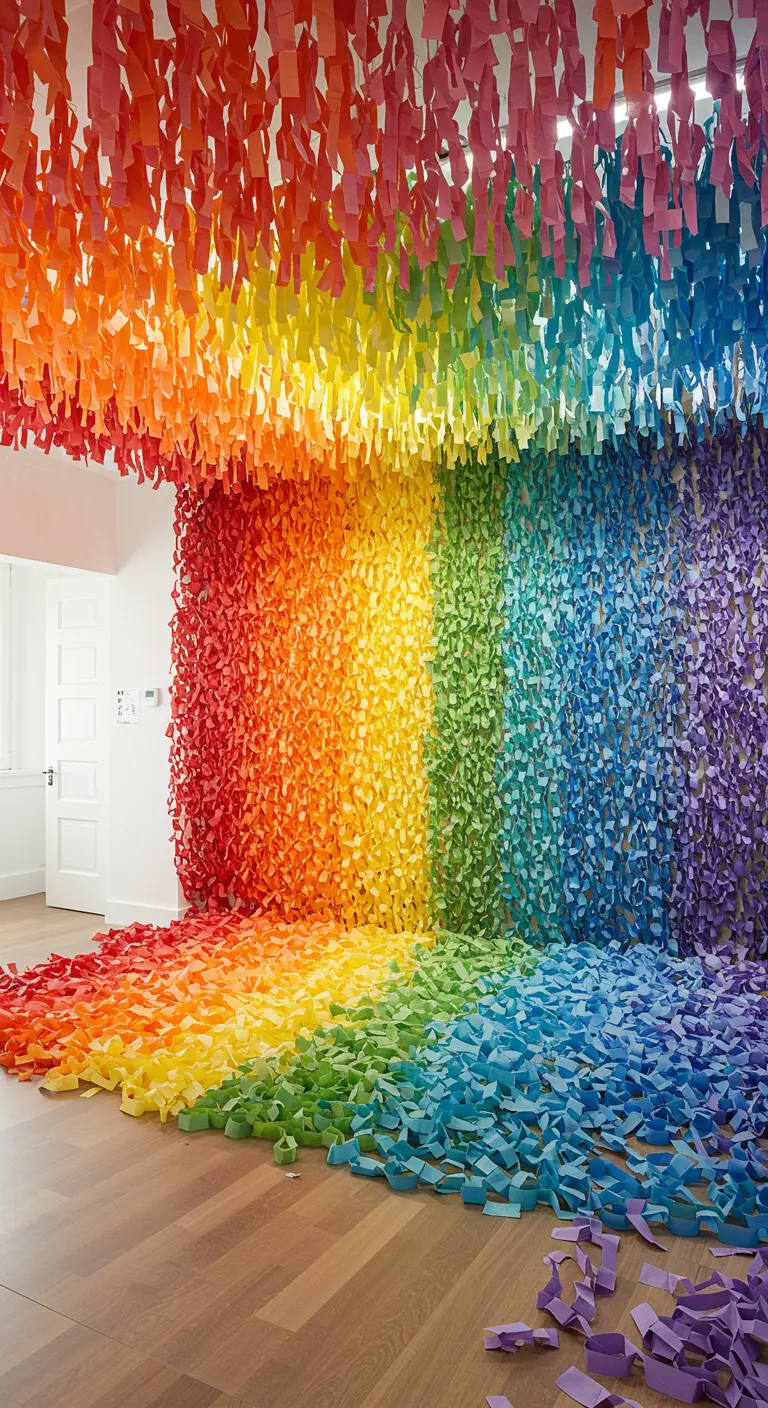 Kamerinstallatie van regenboogkleurige papieren kettingen die van het plafond naar de vloer vallen.