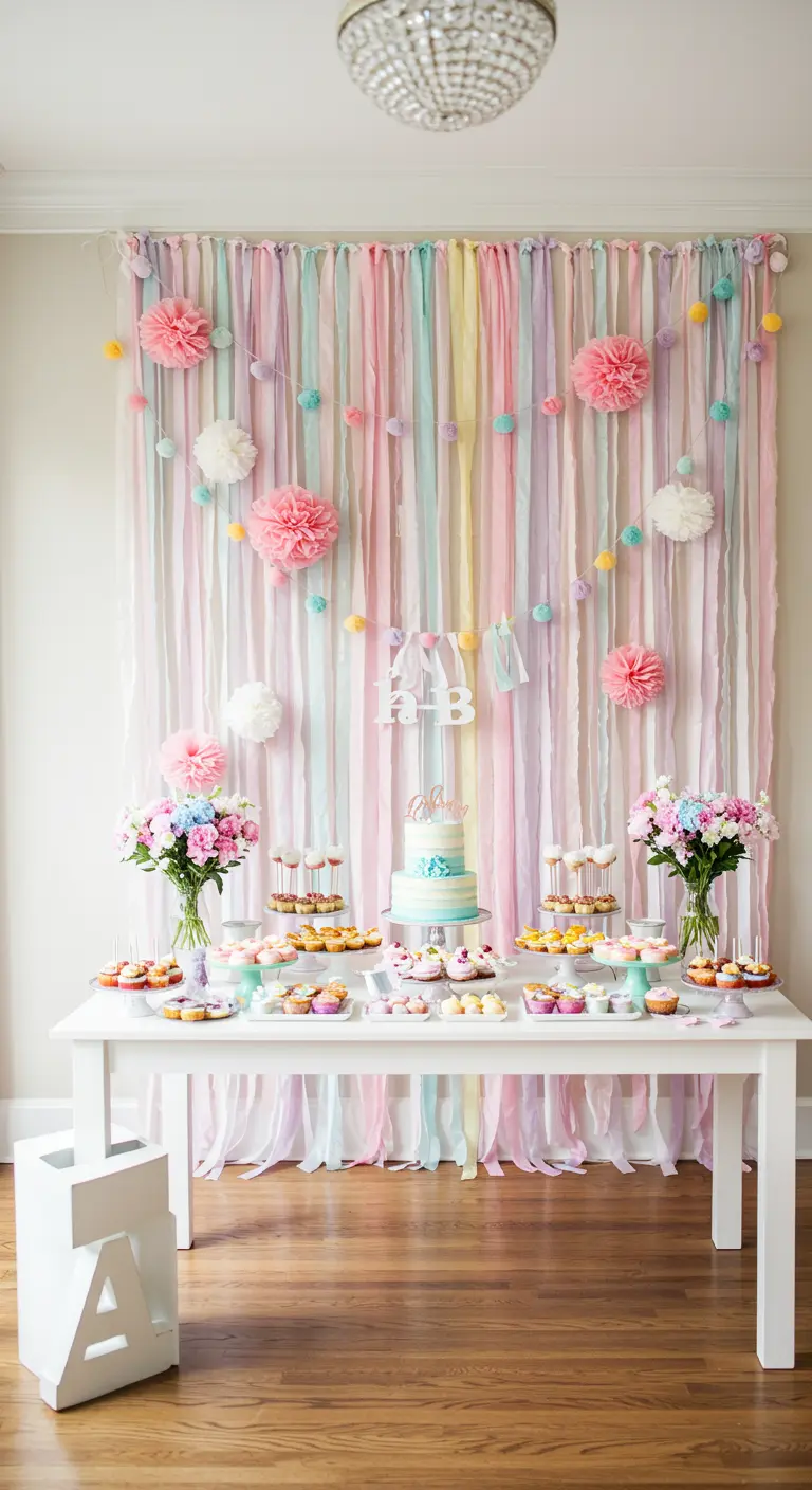 Backdrop van pastelkleurige linten achter een desserttafel met een babyshowertaart.