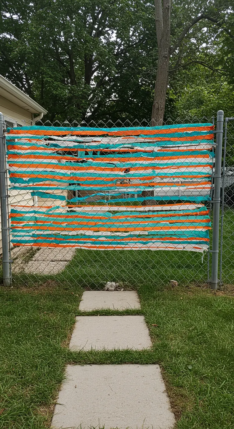 Gaashekwerk doorweven met horizontale banen van oranje en turquoise stof.