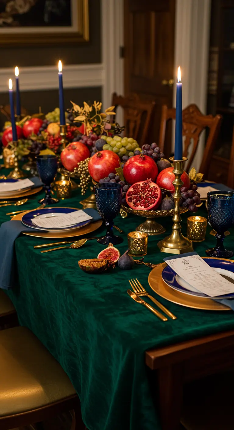 Donkergroene fluwelen tafel met granaatappels, druiven en blauwe kaarsen.