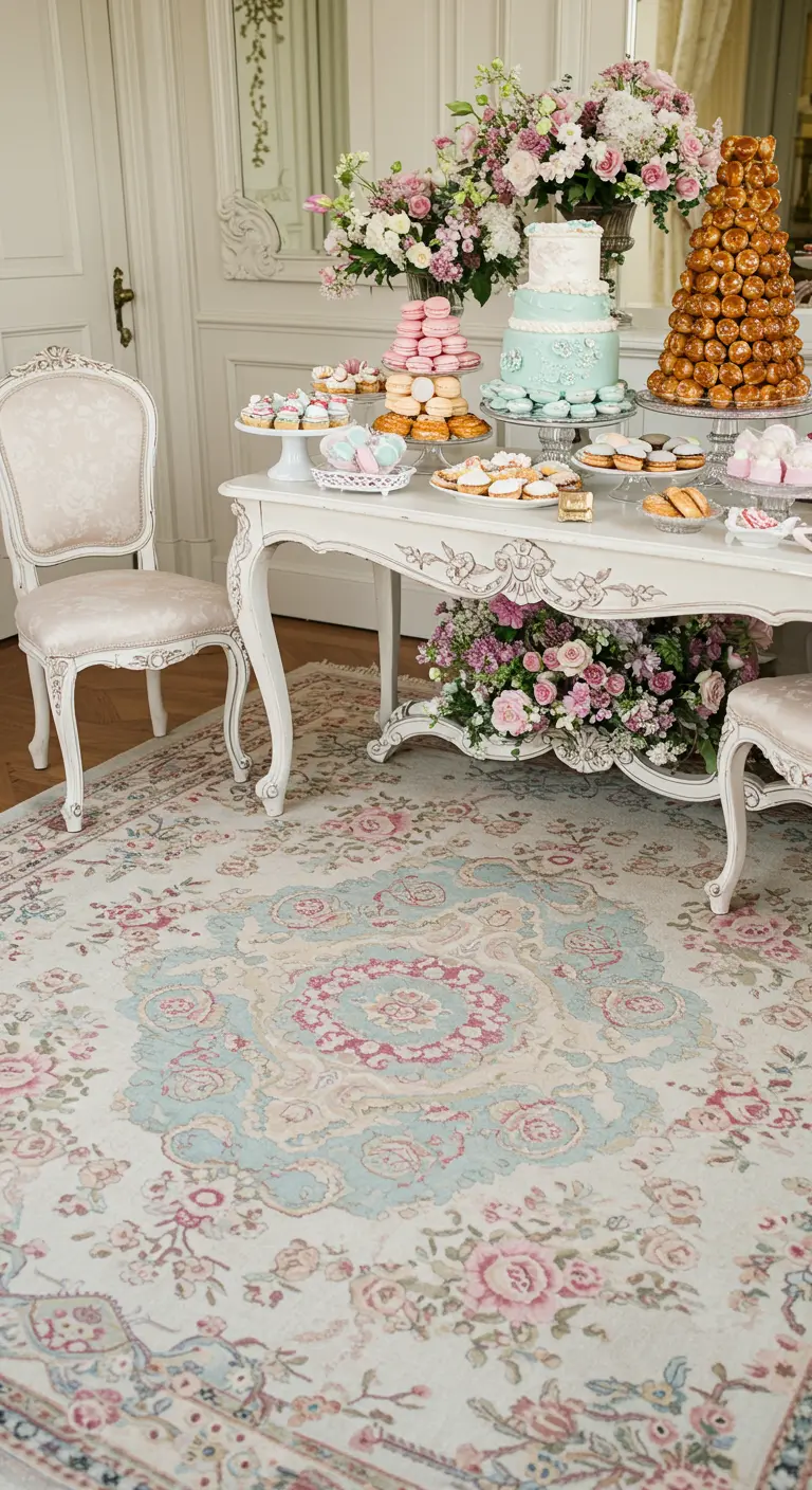 Luxe desserttafel met taarten en macarons op een lichtgekleurd Perzisch tapijt met bloemenpatroon.