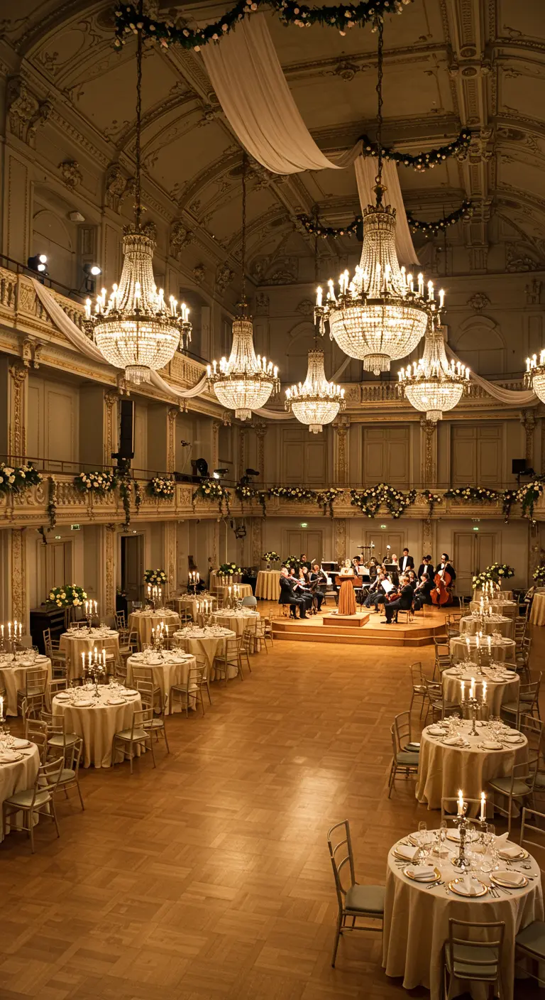 Grote balzaal met kroonluchters, ronde tafels en een podium voor een orkest.