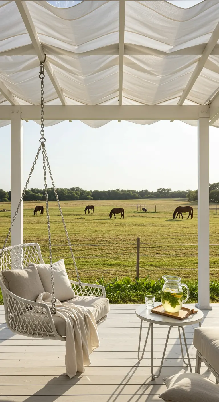 Witte schommelstoel op veranda, witte golvende stof dak, paarden in veld.