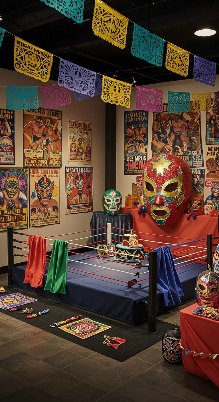 Feestruimte ingericht als Lucha Libre-arena met maskers en posters.