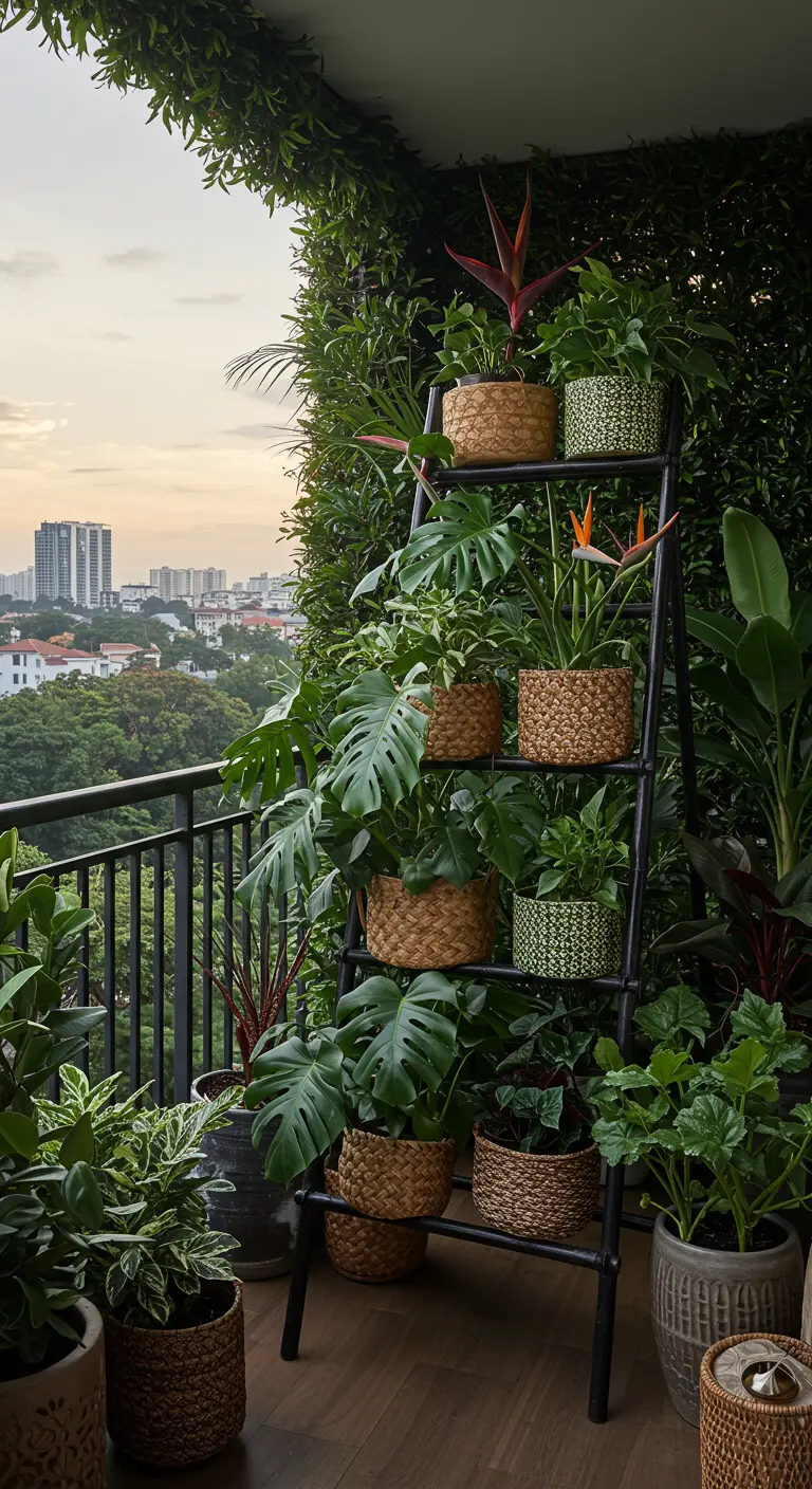 Zwarte ladder met tropische planten zoals Monstera in rieten manden op een weelderig groen balkon.