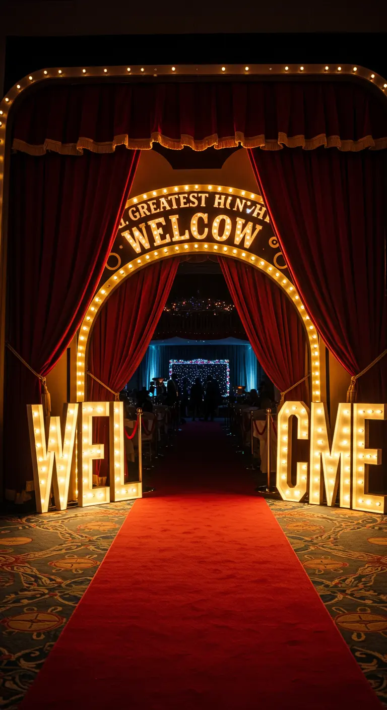Grote entree met 'WELCOME' in lichtletters en rode fluwelen gordijnen.