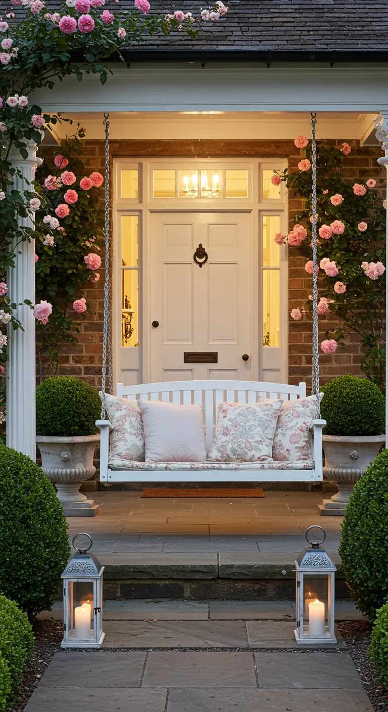 Witte schommelbank voor een huisdeur, omringd door roze klimrozen en decoratieve lantaarns.