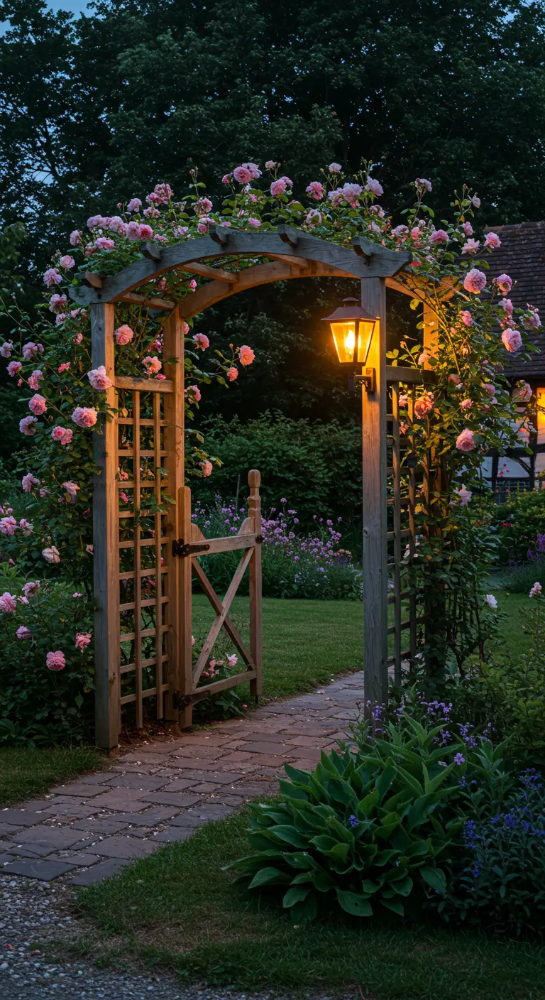 Houten rozenboog met een hekje en een geïntegreerde lantaarn, begroeid met roze rozen.