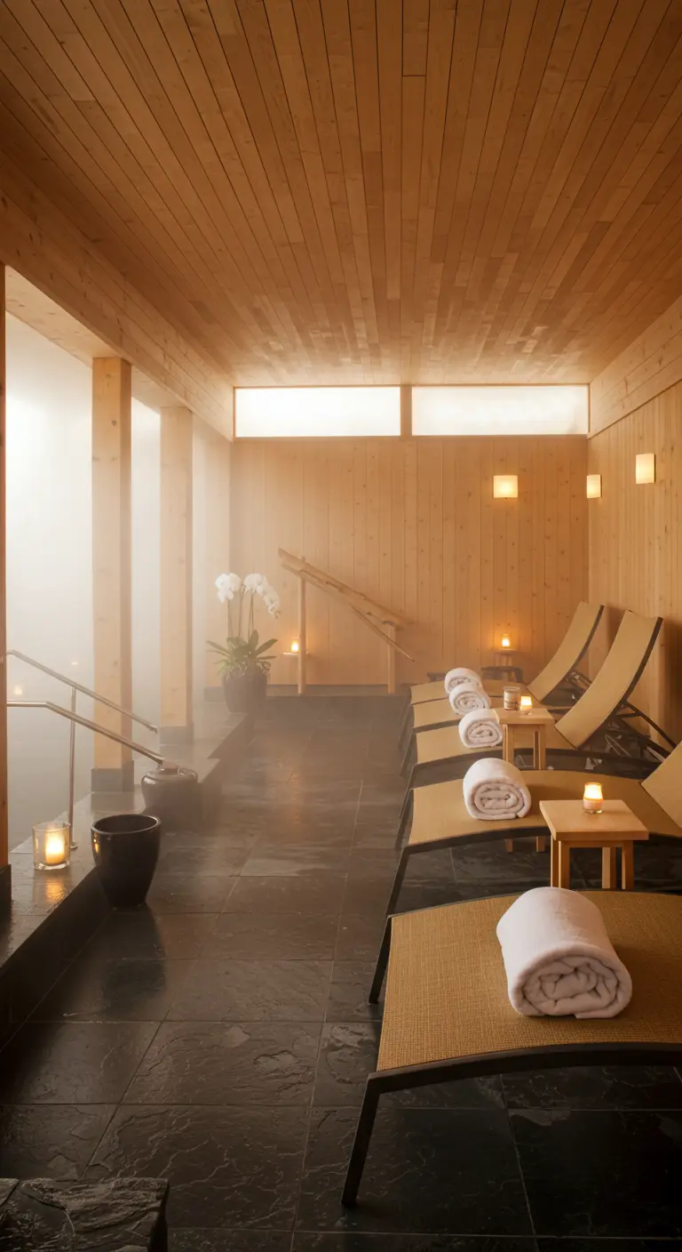 Serene spa-ruimte met houten wanden, ligstoelen en zachte verlichting.