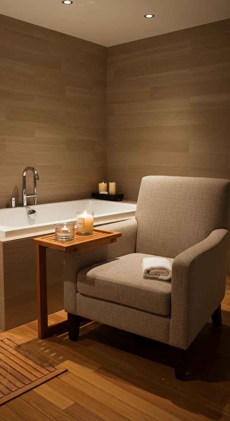 Spa-hoek in een badkamer met een comfortabele stoel en kaarslicht naast het bad.