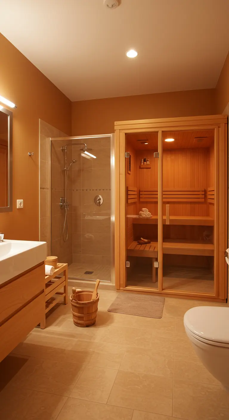 Beige badkamer met een houten thuis-sauna, glazen douchewand en houten meubels.