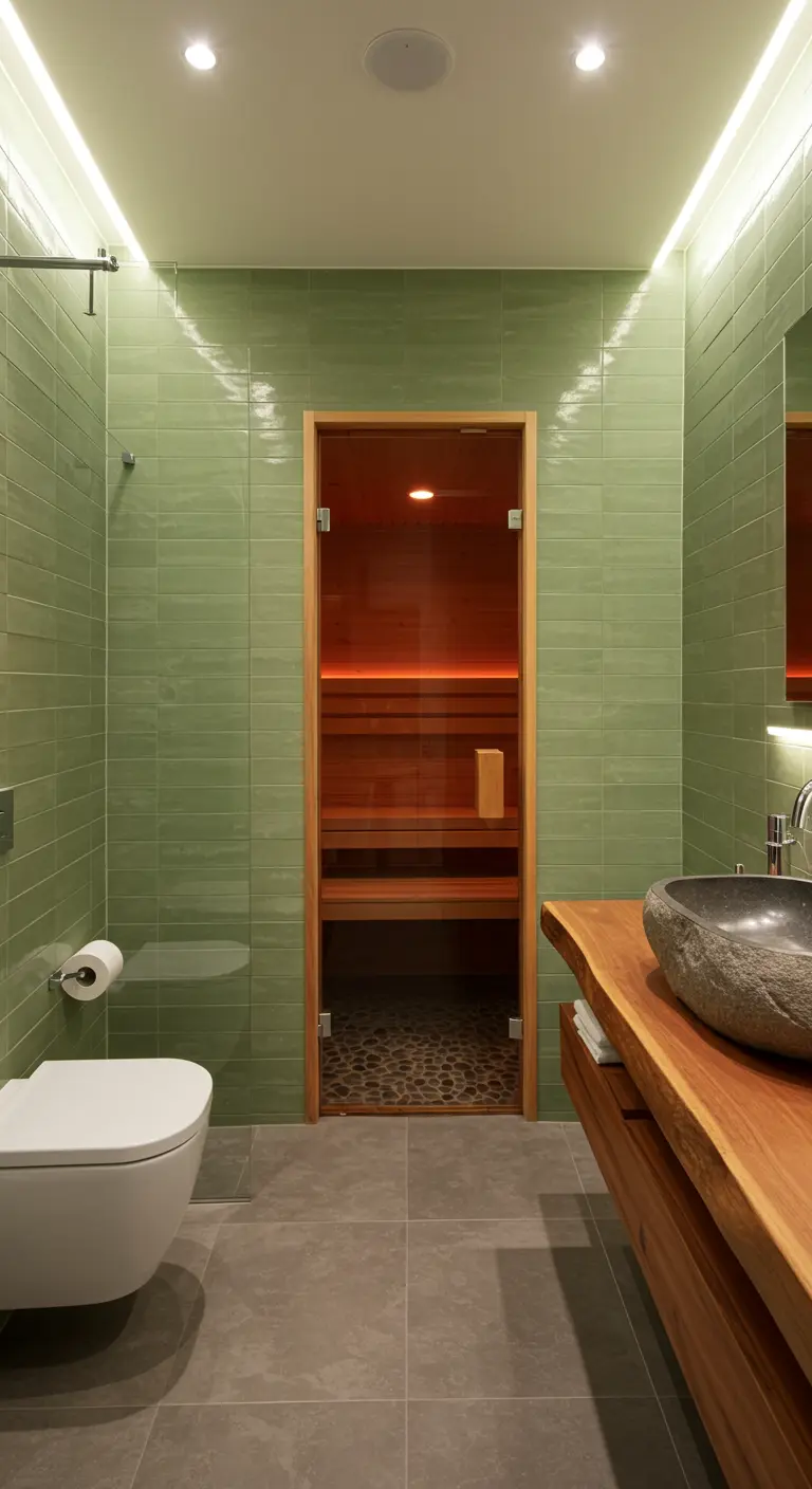 Badkamer met zachtgroene tegels en een geïntegreerde houten saunacabine.