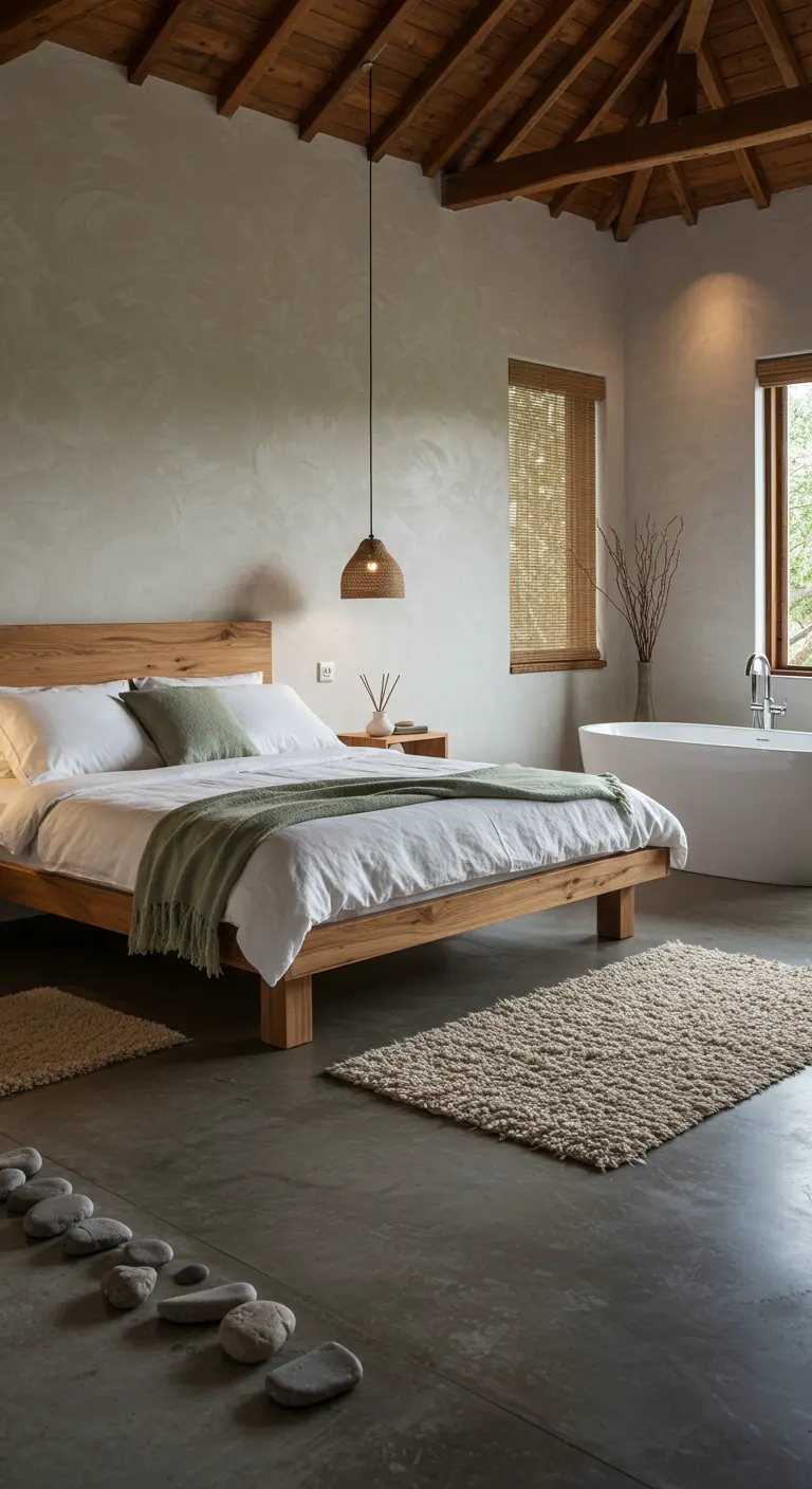 Moderne rustieke slaapkamer met betonnen vloer, houten bed, zachte groentinten, en een vrijstaand bad.