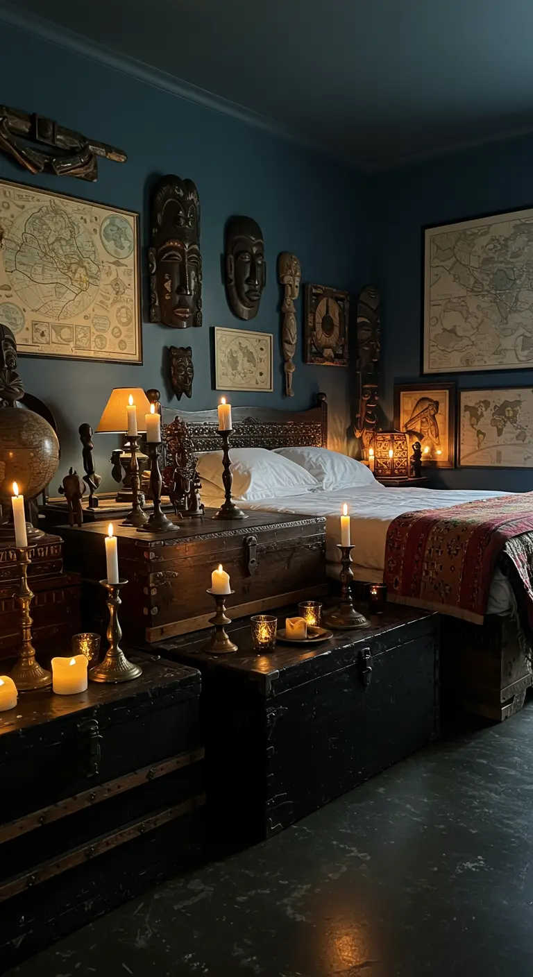 Donkere slaapkamer met vintage landkaarten, houten maskers en stapels antieke kisten.