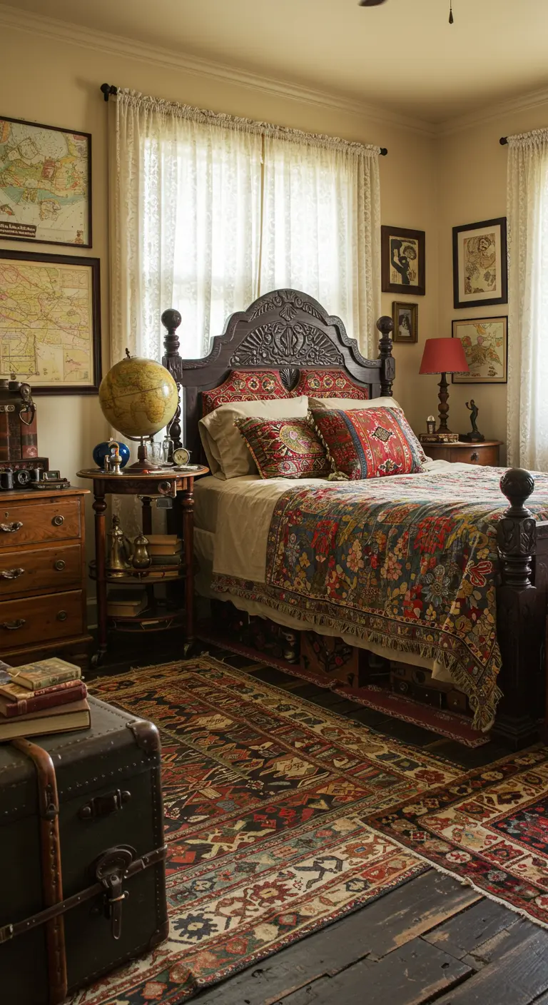 Boheemse slaapkamer met rijk gedecoreerd bed, antieke kaarten en reisaccessoires.