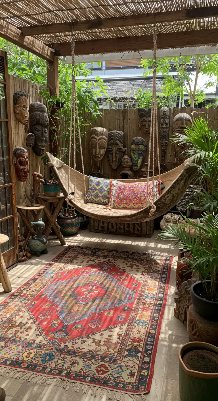 Overdekt terras met een houten schommelbank, Afrikaanse maskers en een Perzisch kleed.