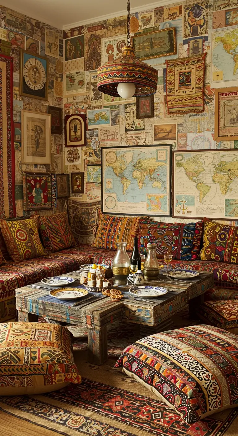 Eclectische woonkamer vol met wereldkaarten, patronen en kleurrijke kussens.