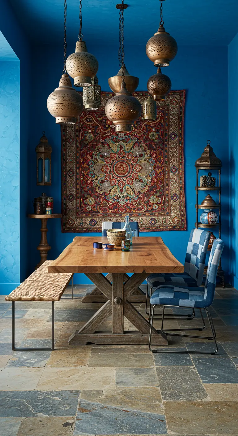 Eetkamer met blauwe muren, houten tafel, patronenstoelen, geweven bank en oosterse koperen lampen.
