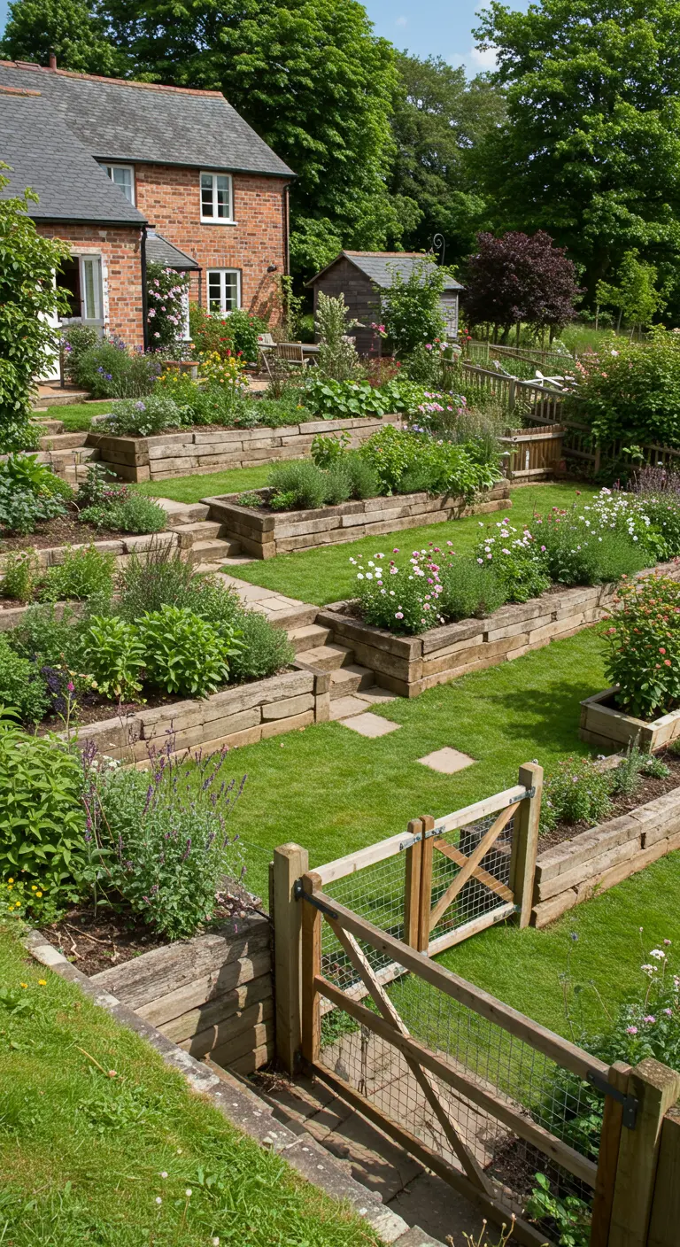 Tuin op een helling met meerdere terrassen van houten bielzen, gevuld met bloemen en planten.
