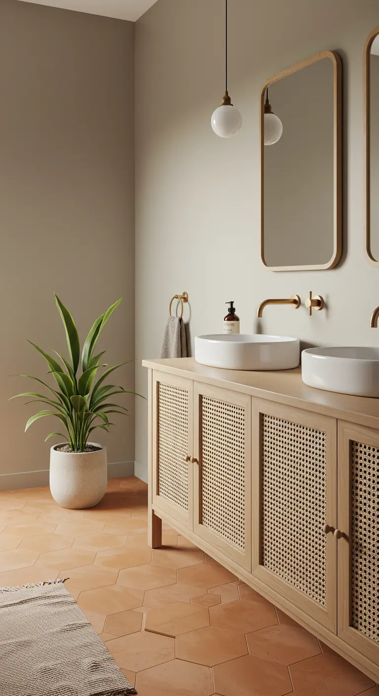 Badkamer met houten meubel met rotan deurtjes, terracotta tegels en een grote plant.