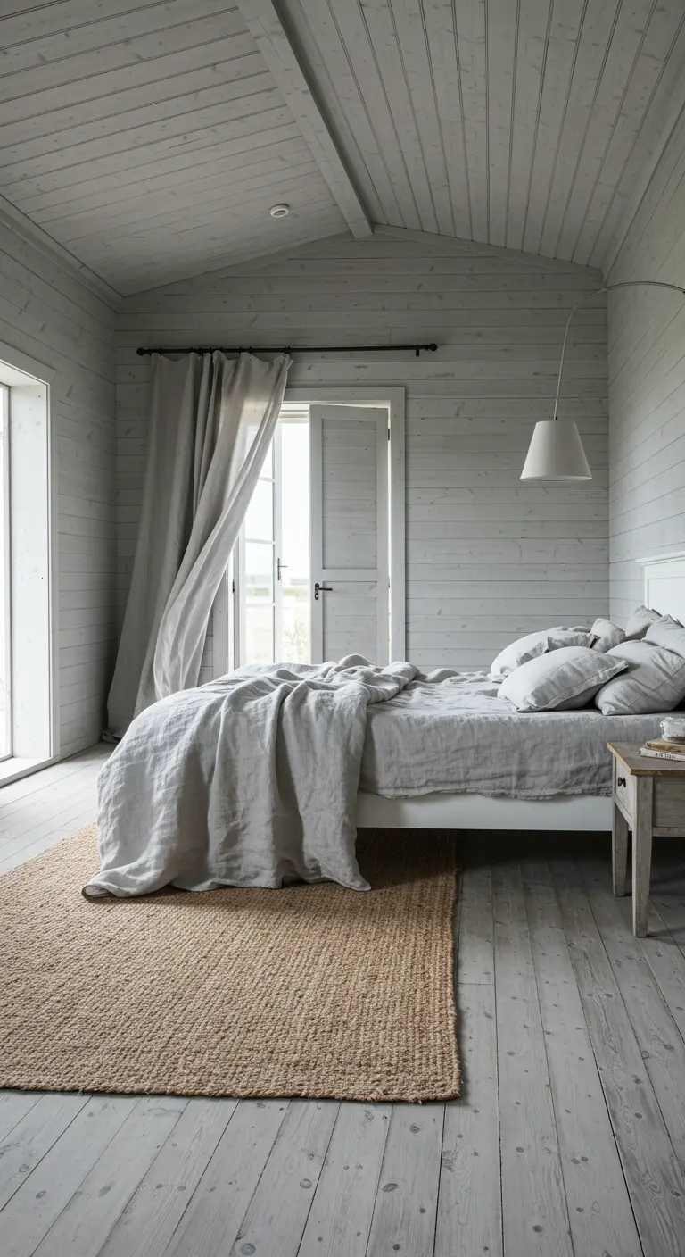 Lichte slaapkamer met whitewash houten muren en vloer, en een groot jute vloerkleed.
